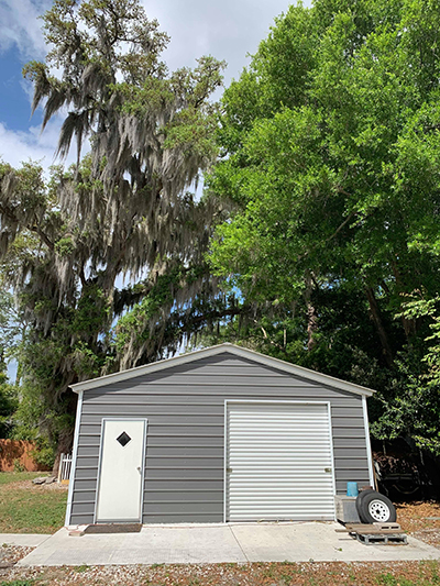 After: moss thinned and canopy cleared away from structure